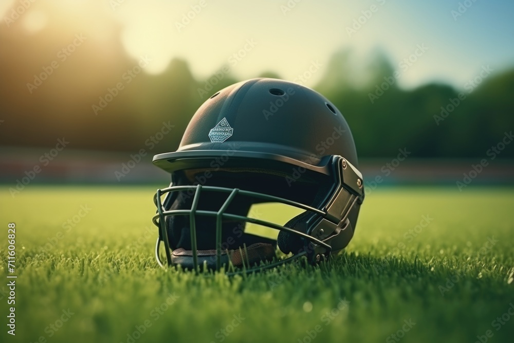 Cricket fans helmet on green grass with focused lights. Cricket fans helmet on green grass with focused lights.