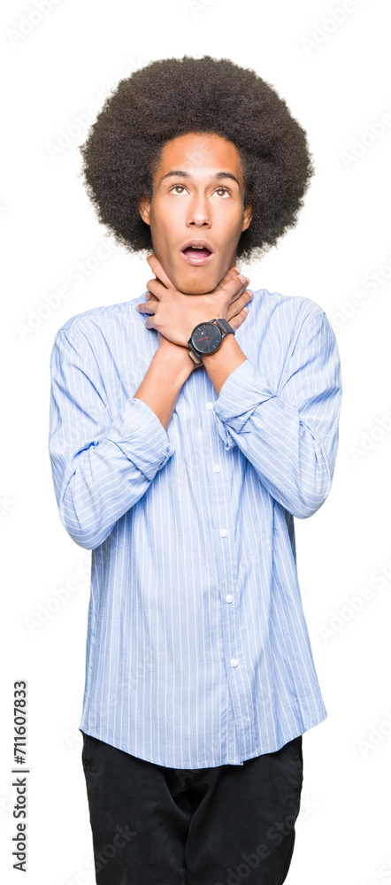 Young african american man with afro hair shouting and suffocate because painful strangle. Health problem. Asphyxiate and suicide concept. Young african american man with afro hair shouting and suffocate because painful strangle. Health problem. Asphyxiate and suicide concept.