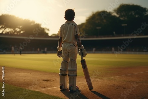 Child playing cricket with bat on pitch.