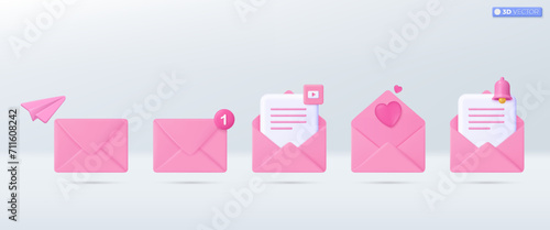 3d Pink mail envelope icon set symbol. Render email notification, play icon, heart valentine, bell, paper plane. communication concept. 3D vector isolated illustration, Cartoon pastel Minimal style. photo