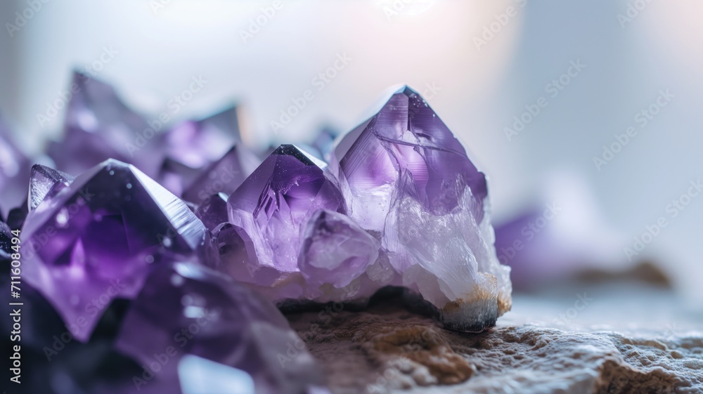 Fototapeta premium Sharp amethyst crystals against a soft light backdrop