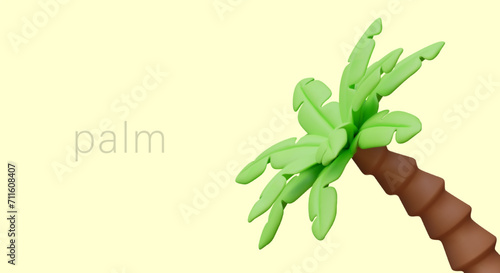 3D palm tree in plasticine style. Banner on yellow background, place for text. Concept of vacation in tropical country. Products with coconut ingredients. Template for web design