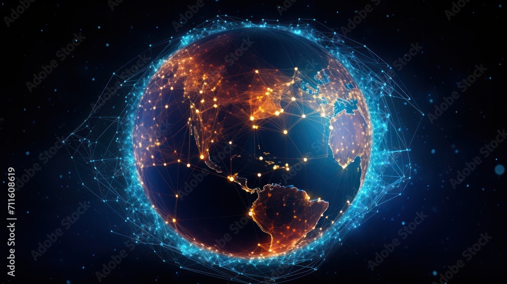 Digital data network conveying global abstract illustration of a scientific technology data network surrounding planet earth conveying connectivity - obrazy, fototapety, plakaty 