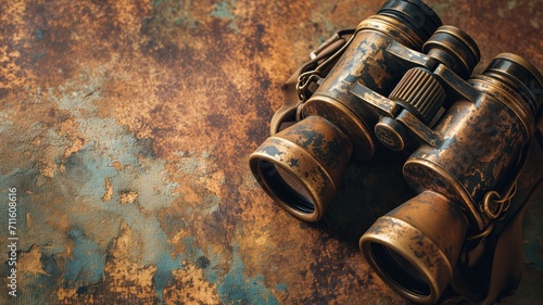 Aged binoculars with a patina on a textured, colorful surface suggest history and adventure photo