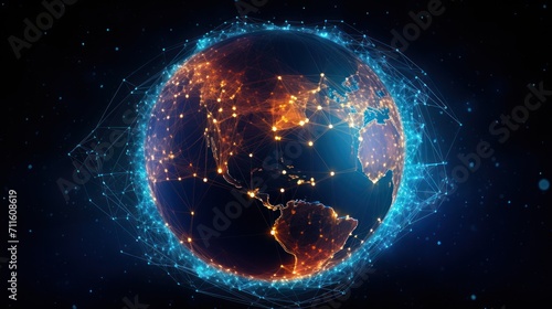Digital data network conveying global abstract illustration of a scientific technology data network surrounding planet earth conveying connectivity