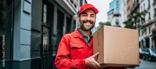 Delivery courier servicedelivery man in red cap and uniform delivering package to customer s home.