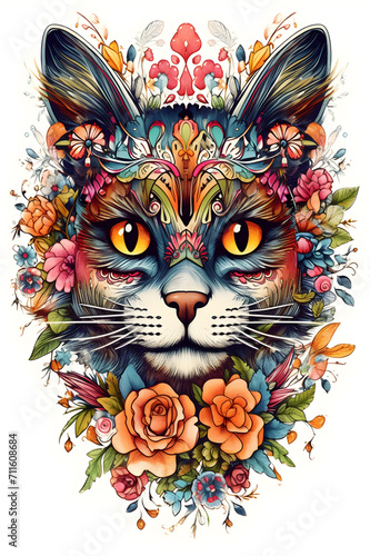  Embroidered Floral Cat Portrait on White
