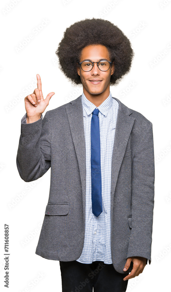 Young african american business man with afro hair wearing glasses showing and pointing up with fingers number two while smiling confident and happy. Young african american business man with afro hair wearing glasses showing and pointing up with fingers number two while smiling confident and happy.