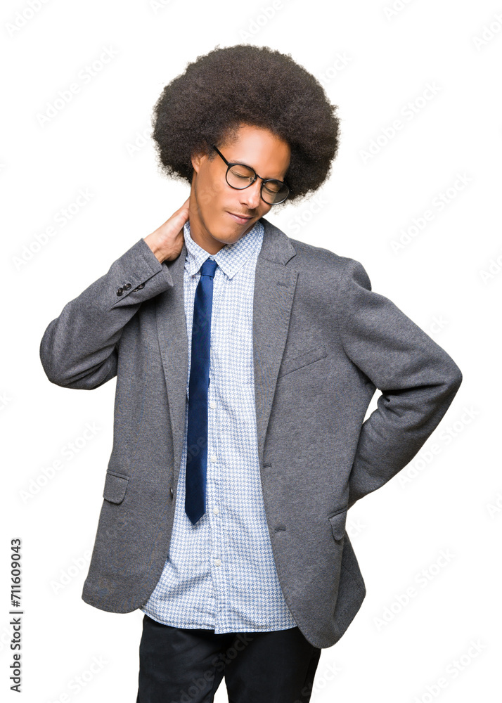 Young african american business man with afro hair wearing glasses Suffering of neck ache injury, touching neck with hand, muscular pain Young african american business man with afro hair wearing glasses Suffering of neck ache injury, touching neck with hand, muscular pain