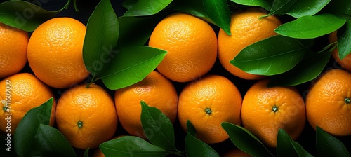 Fresh mandarins and oranges with green leaves in the background, symbolizing natural vibrancy photo