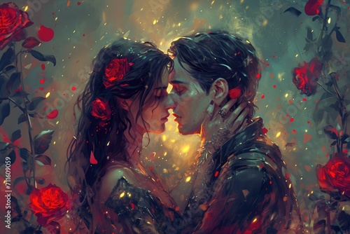 Fototapeta Naklejka Na Ścianę i Meble -  couple kissing with red roses around them in painting