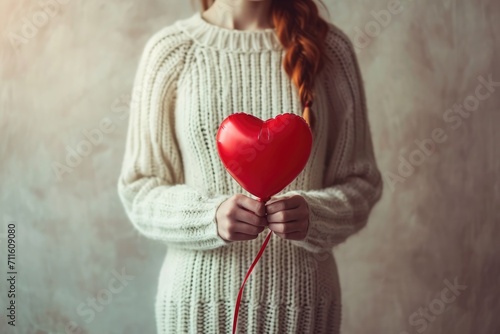 female holding red heart balloon in her hands