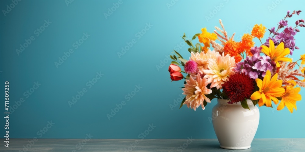bouquet of various spring flowers in a vase on a table on a light blue background, banner, copy space