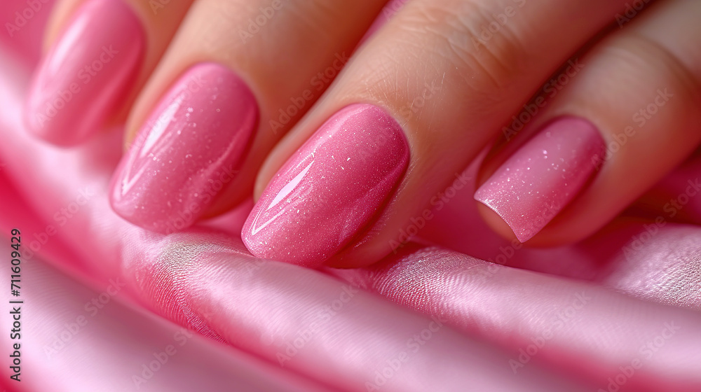 Woman hand with pink color nail polish on her fingernails. Pink nail manicure with gel polish at luxury beauty salon. Nail art and design. Female hand model. French manicure. Woman hand with pink color nail polish on her fingernails. Pink nail manicure with gel polish at luxury beauty salon. Nail art and design. Female hand model. French manicure.