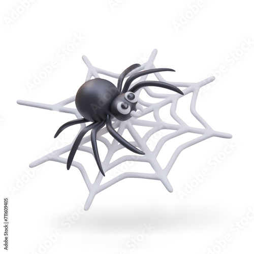 Cute realistic black spider spins web on white background. Composition for poster or Halloween decoration. Vector illustration in 3d style with shadow and white background