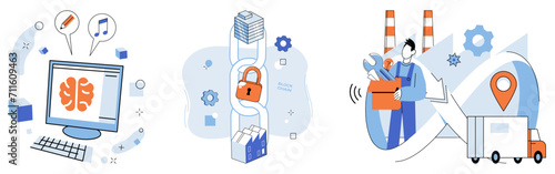 Industry 4 vector illustration. The industrial revolution evolves in cyberspace Industry 4, powered by artificial intelligence In metaverse business, decisions echo through network innovative
