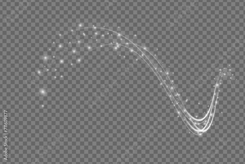 Festive decoration in the form of luminous flying wind surrounded by light dust and white speed lines. Light effect for ceremonies, awards, prizes, motivations, invitations, banners, cards, videos.
