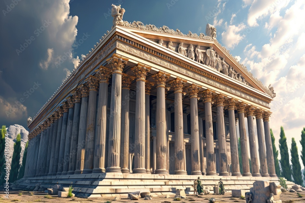 Obraz premium majestic ancient temple with Corinthian columns and statues on the pediment