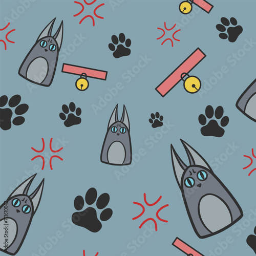 Upset cat with collar and paw seamless pattern