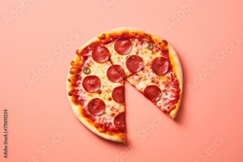 Pizza slice on coloured background. Overhead view.