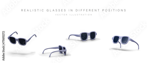 Set of sunglasses, view from different sides. Realistic summer eye accessories. Stylish protection from bright sun. Isolated vector render on white background
