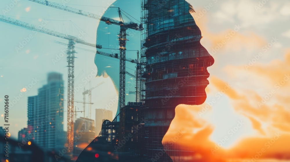 Engineering male devotion captured in a double exposure with a construction site vision. - obrazy, fototapety, plakaty 