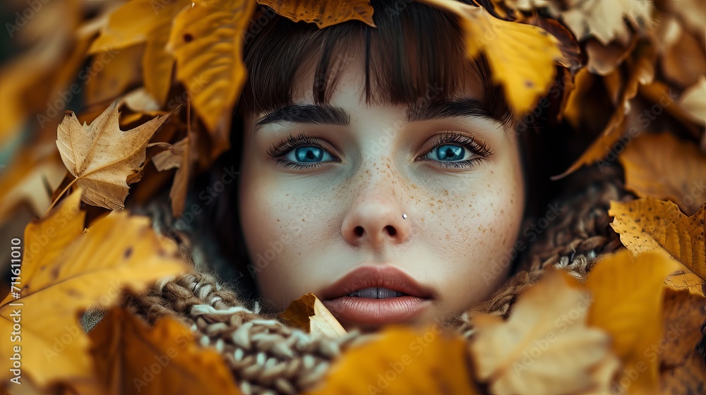 Portrait of a woman looking at the camera through autumn leaves