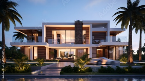 The modern facade of a luxury villa. Luxury modern property design concept