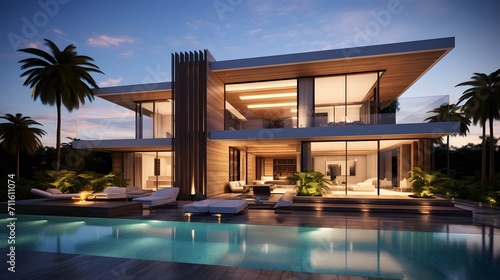 The modern facade of a luxury villa. Luxury modern property design concept photo