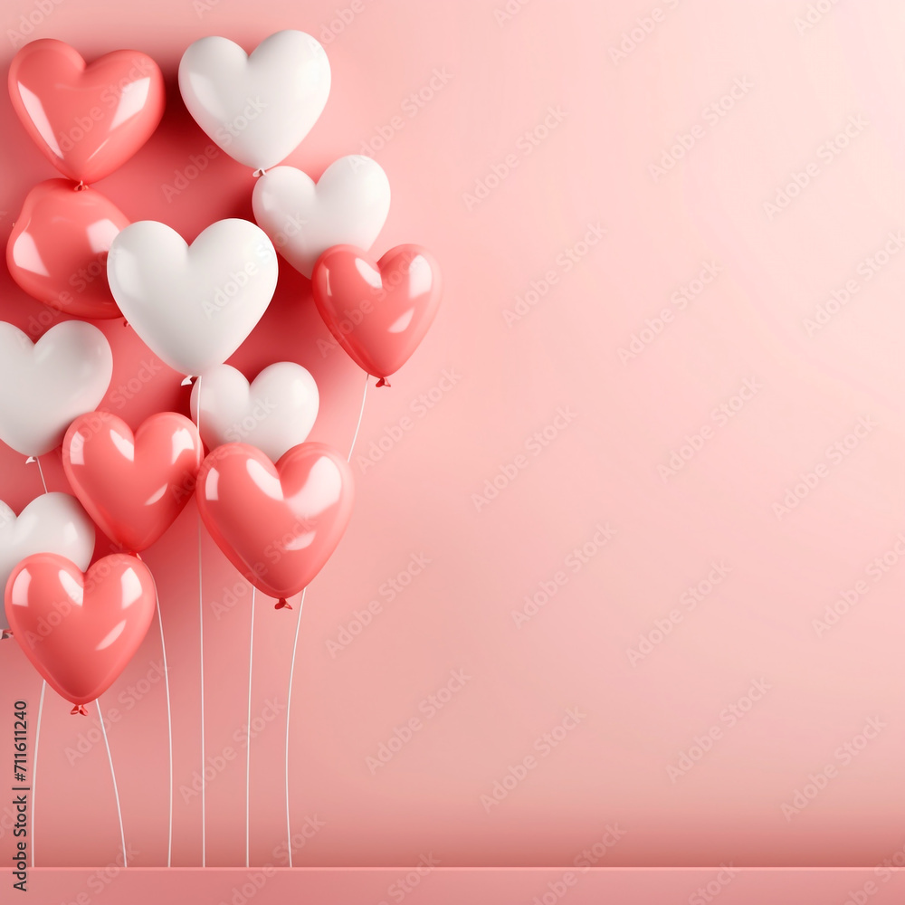 Perfect setting for Valentine's Day, made with colors that represent love, lots of heart-shaped balloons to celebrate Valentine's Day. Aesthetic, poetic, stuning, romantic. 3D rendering design.