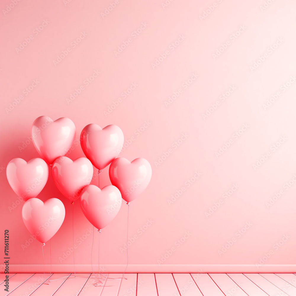 Perfect setting for Valentine's Day, made with colors that represent love, lots of heart-shaped balloons to celebrate Valentine's Day. Aesthetic, poetic, stuning, romantic. 3D rendering design.