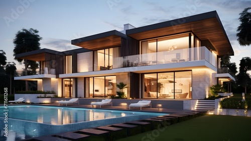 The modern facade of a luxury villa. Luxury modern property design concept © Ziyan Yang