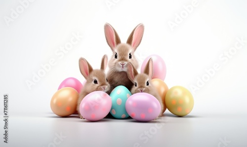 Happy Easter Bunny with many colorful easter eggs © Kanokmai