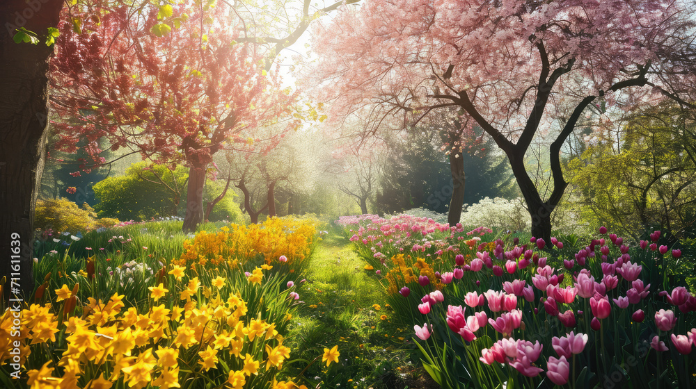 Summer backyard with vibrant wildflowers and warm sunlight with copy space Summer backyard with vibrant wildflowers and warm sunlight with copy space
