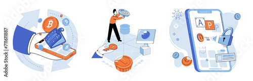 Crypto wallet vector illustration. Cryptocurrencies are changing way we think about traditional banking and currency exchange The concept digital wallets has opened up new opportunities for financial
