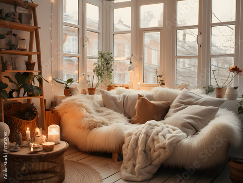 A cozy indoor room with a statement studio couch, adorned with vibrant pillows and surrounded by flickering candles and a vase of flowers, creating the perfect ambiance for relaxation and introspecti photo