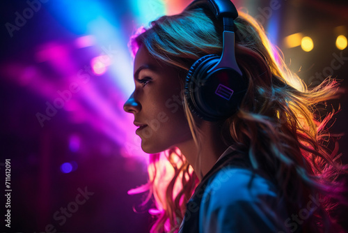 Dj person girl guy on stage turning on best music beat headphones turntable equipment Generative AI