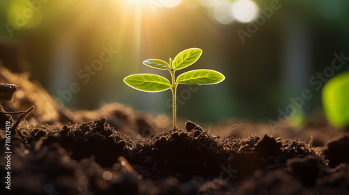 New growth. Seedling emerging from the soil in the garden. Summer sunlight nurturing a young tree in the earth. The birth of fresh life. Generative AI photo