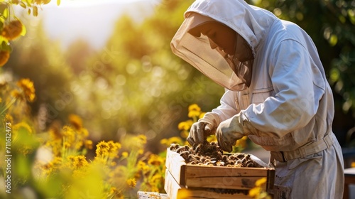 Beekeeper Tending to Hives Amidst Blooming Flowers