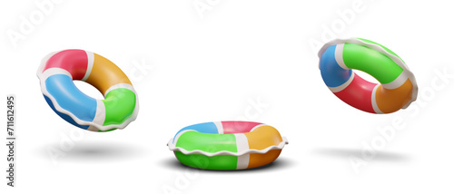Realistic swimming circle in red, blue, and green colors. Collection with swimming items in different positions on white background. Vector illustration in 3d style