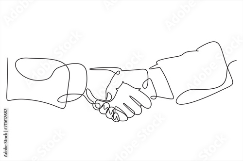 Continuous line drawing of handshake. Handshaking of business partners drawn by one single line. Vector illustration.