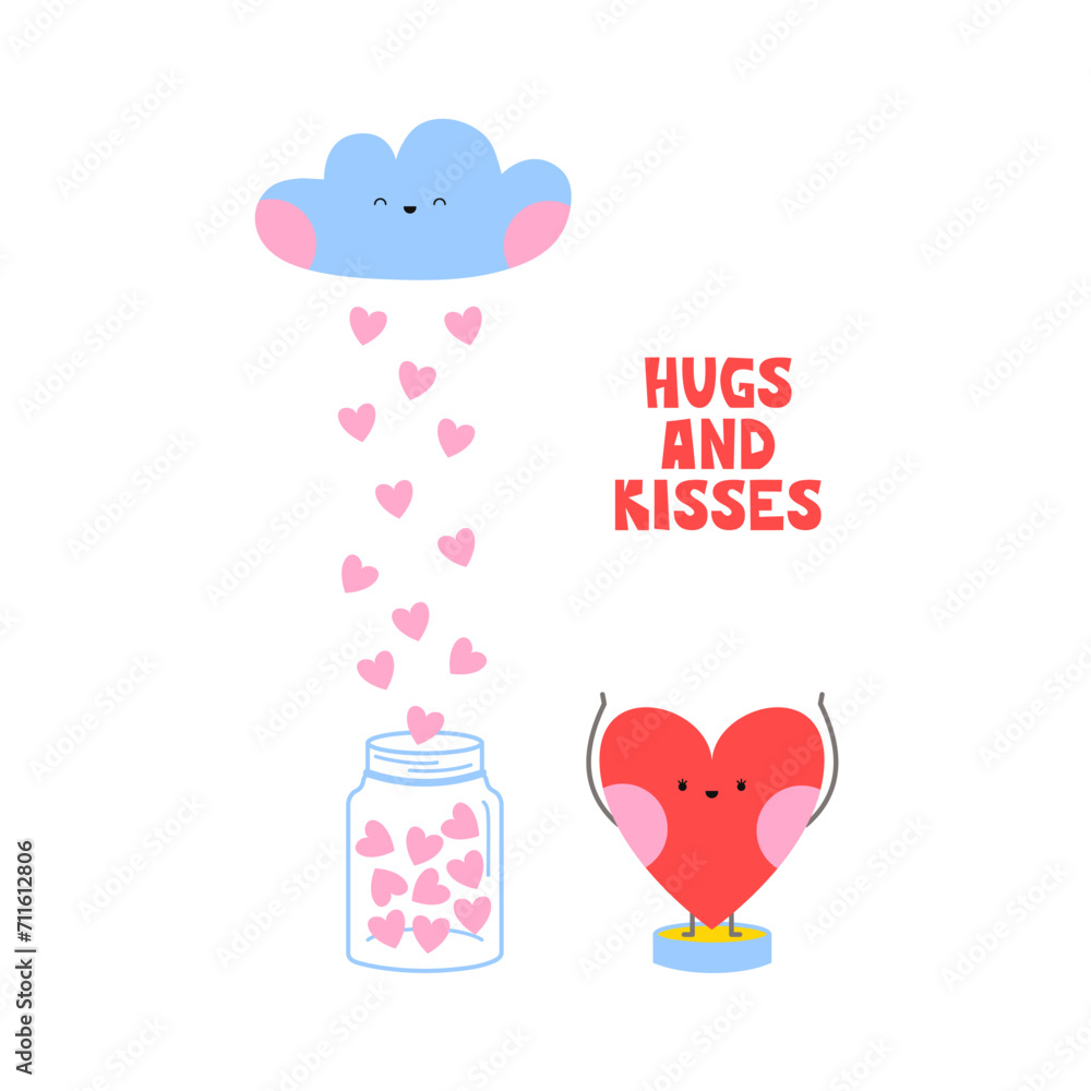 Smiling and happy heart character with love rain made by cloud in flat cartoon style. Hugs and kisses sign lettering. Valentine's day sticker illustration design Smiling and happy heart character with love rain made by cloud in flat cartoon style. Hugs and kisses sign lettering. Valentine's day sticker illustration design