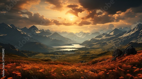 Landscape view of lake in the mountains. Sunrise over mountain horizon. Beautiful landscape view.