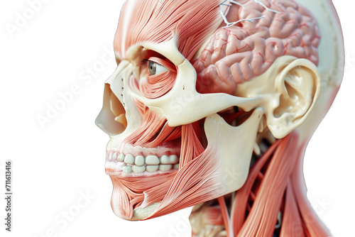 Human skull anatomy with highlighted frontal, temporal, and jaw muscles.