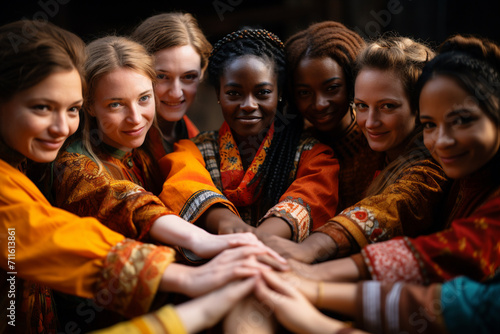 United heritage: A group of people from different nationalities dressed in traditional clothes, forming a circle of unity and celebrating shared heritage. photo