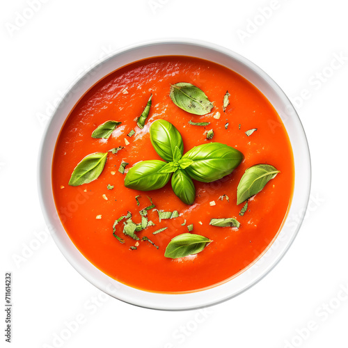 Delicious Bowl of tomato soup with basil isolated on transparent background Remove png, Clipping Path, pen tool