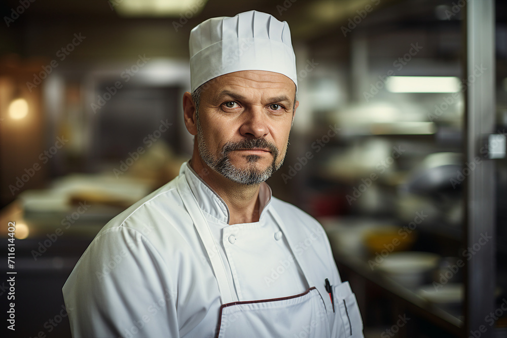 Generative AI picture of professional chef cooker preparing meal in school canteen for children