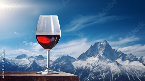 A glass of red wine on a snowy landscape in winter, in the style of photo-realistic landscapes, mountainous vistas