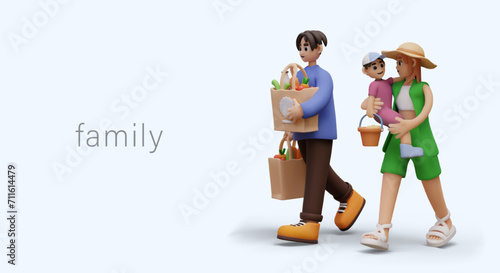 Vector family color concept. Family leisure. 3D parents and life spend time together. Dad carries shopping from store. Mother carries child. Married life