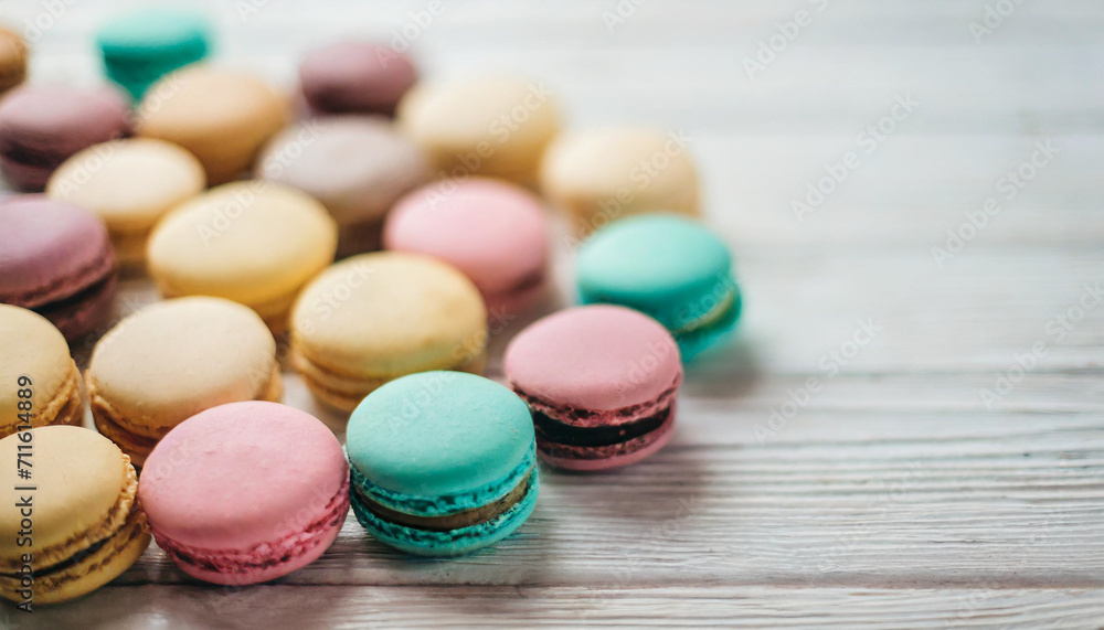 Delicate pastel French macaroons arranged on a dreamy bokeh background, creating a sweet and visually pleasing dessert composition Delicate pastel French macaroons arranged on a dreamy bokeh background, creating a sweet and visually pleasing dessert composition